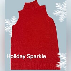 Joseph A Festive Red Sparkle Sleeveless Turtleneck Knit Top